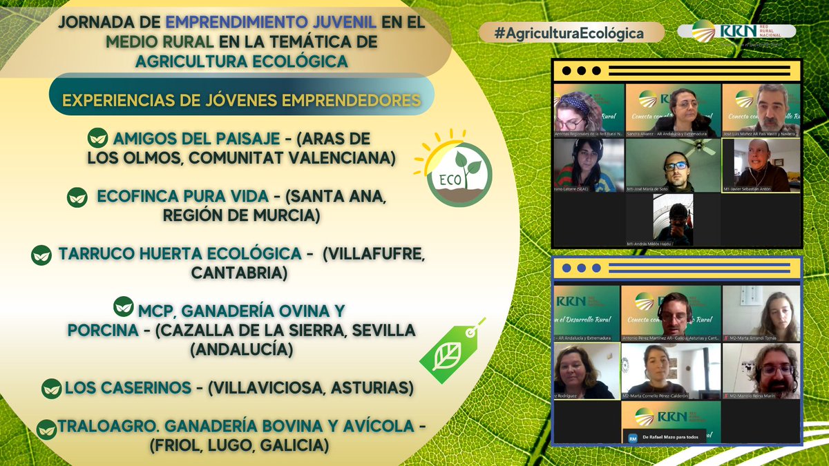 redPAC_'s tweet photo. 👨‍🌾"El #RelevoGeneracional es clave para el mantenimiento de la #Agroecología. Por tanto,  es la juventud quien manda en este campo"
🚩HOY, Jornada RRN de "#Emprendimiento juvenil en el medio rural en la temática de producción ecológica"
👨‍👩‍👧‍👦Han participado 👇👇
#EsRuralEsVital https://t.co/Jrj0euWzhS
