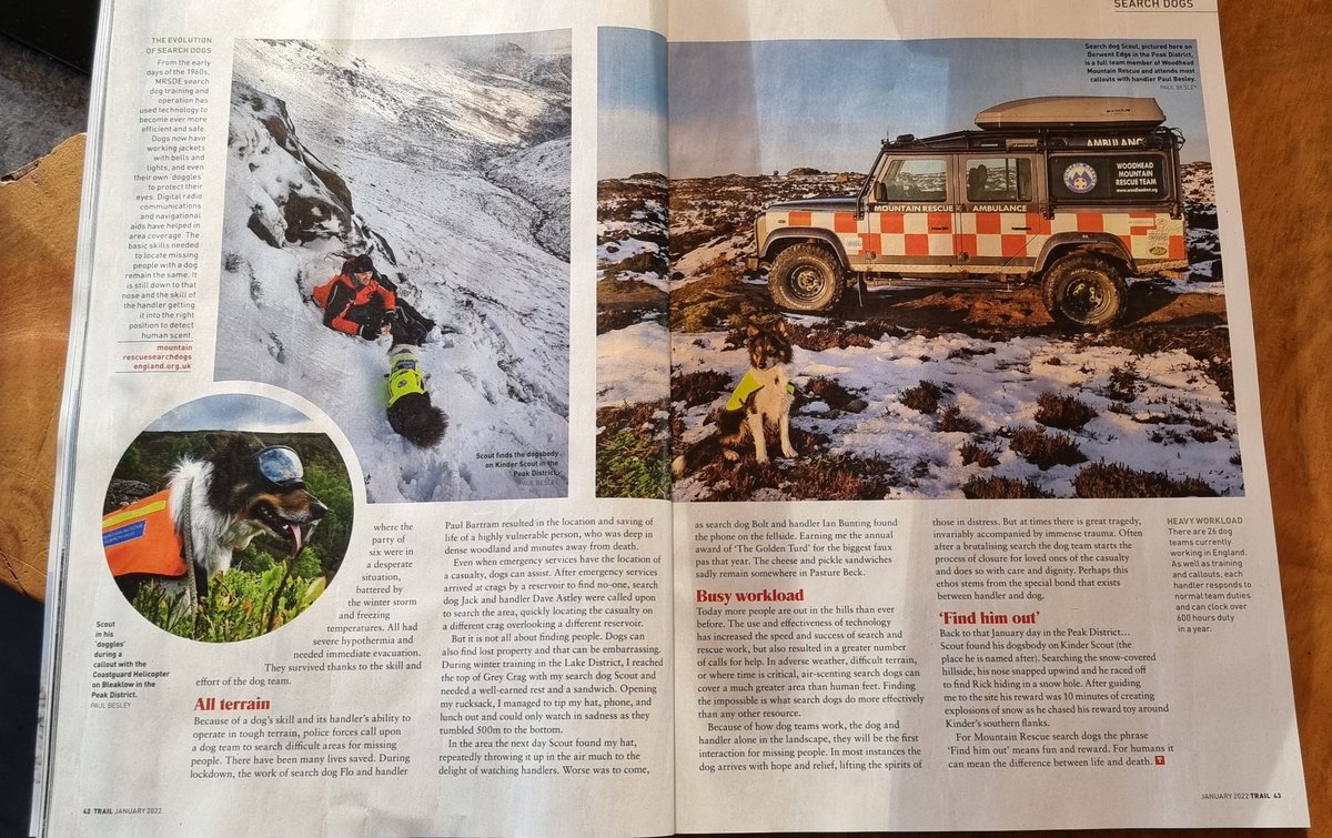 MRSearchDogsEng's tweet photo. Check out this month's Trail magazine for a feature on the Search Dogs written by our very own published author @paulbesleywrite featuring SD's Scout, Flo, Griff and sneaking onto the front cover, TSD Tali 🤩🐕‍🦺
#k9mountainrescue 
#50yrsinthemaking
#poweredbyburns 
#trailmagazine https://t.co/IqZI6g2uxq