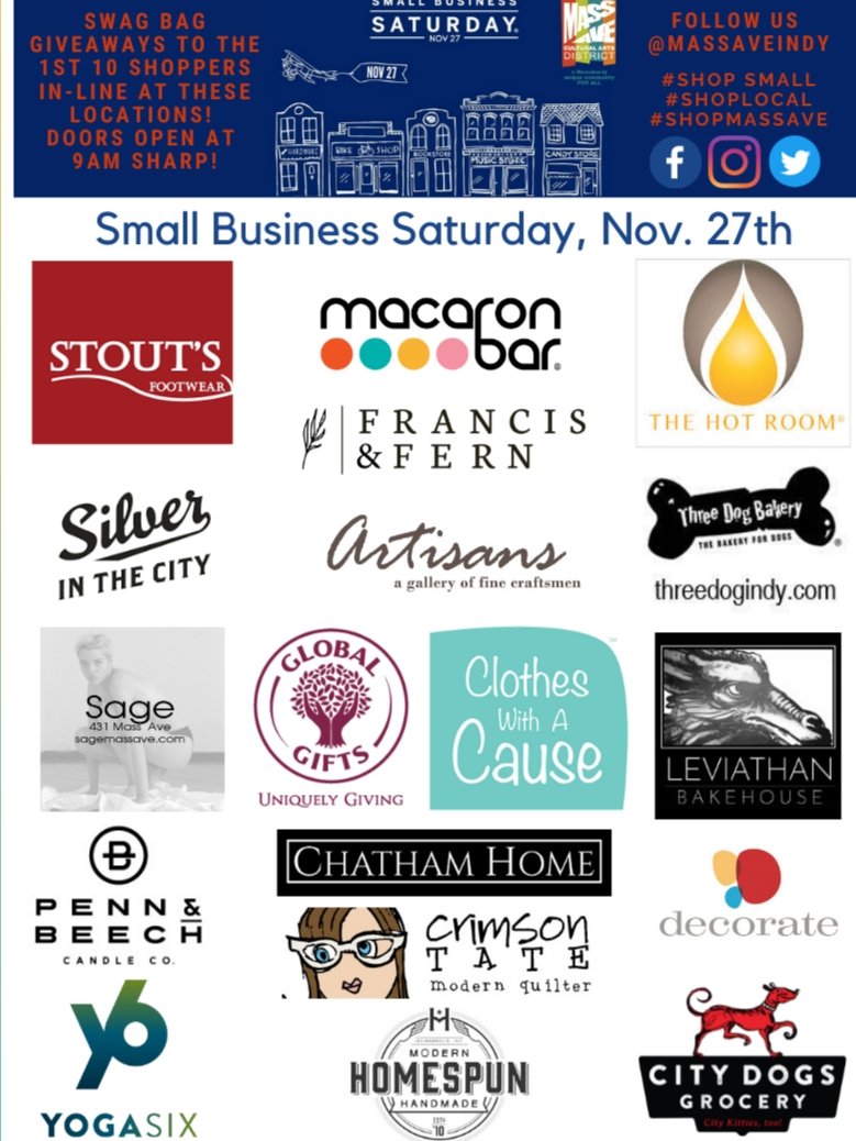 MassAveIndy's tweet photo. We have local shopping in the swag bag this holiday season! Small Business Saturday Swag Bags can be found at these Mass Ave Businesses!↔️ Be one of the 10 lucky ducks in-line when doors open at 9:00 am SHARP to get yours ! Come one, come small! 💙🛍🎉
📸@homespunindy #shopsmall https://t.co/94Dyw5Nz7Q