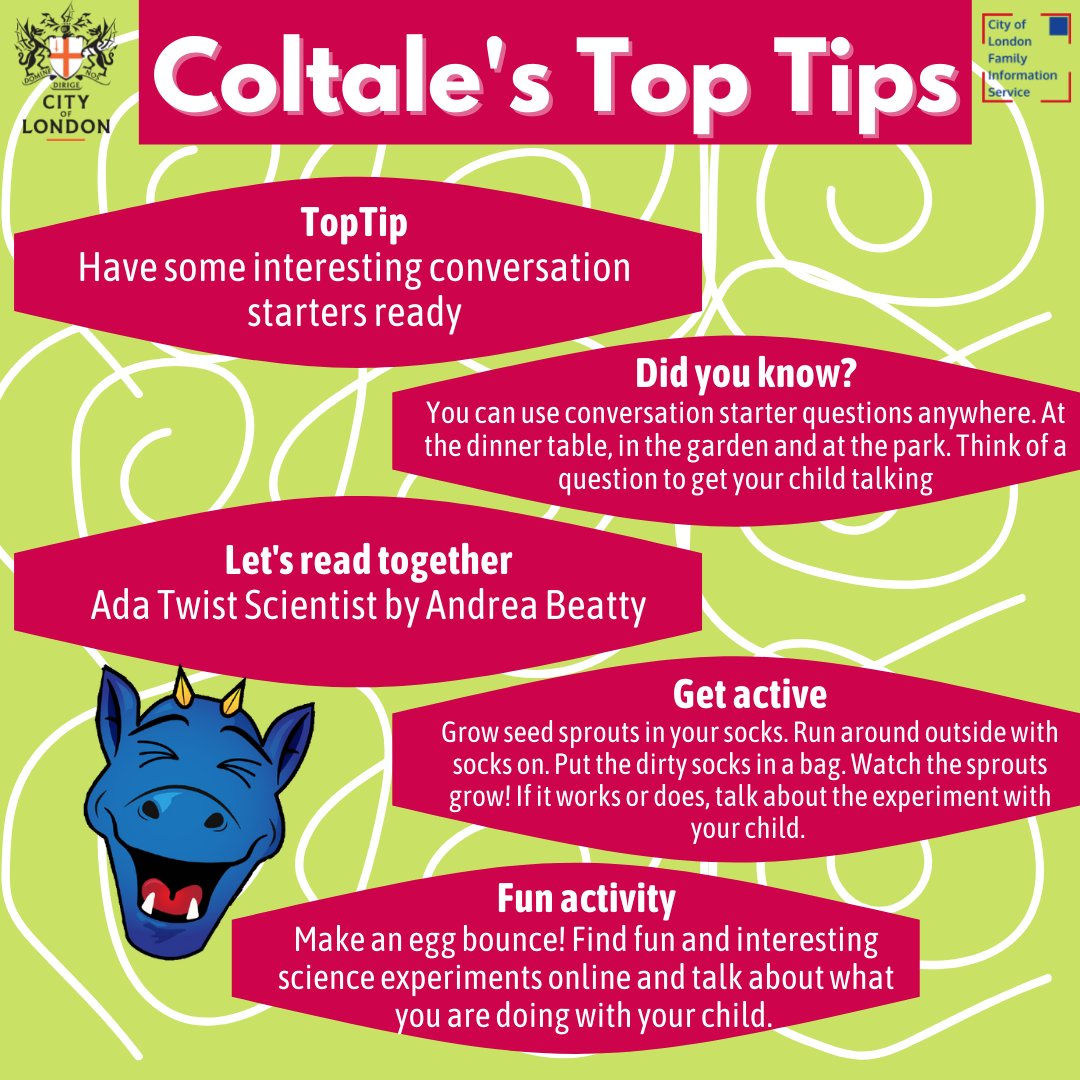 SqMileFamilies's tweet photo. #ColtalesTopTips | This week I am going to ask you lots and lots of questions! Why? Questions are great conversation starters, and a great way to encourage talking.
Give your child time to think about their answers.
#SquareMileFamilies
#EYTalking
#EYMatters
#SLCN https://t.co/KsAuHM0E3K