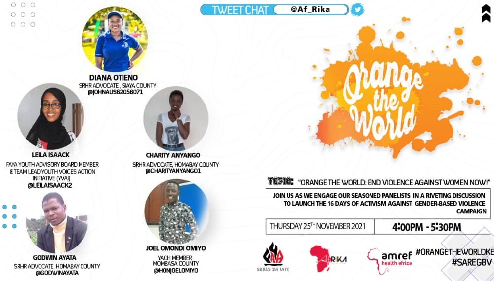 Join <a href="/Af_Rika/">AfRika</a> tomorrow, in a #TweetChat as they launch the #16Days &amp; deliberate on matters, violence against women &amp; girls. The forum will create room to share policies &amp; structures put in place to ensure zero violence. 
use #OrangeTheWorldKE &amp; #SareGBV to join the conversation.