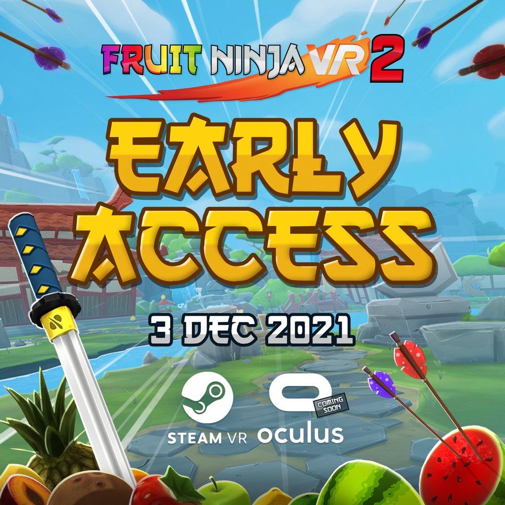 Halfbrick's tweet photo. After months of playtesting and refining the game for our players, Halfbrick Studios is proud to announce #FruitNinjaVR2 will be available on @Steam Early Access from 3rd December 2021! Check out our trailer on YouTube! ๐ฅ
#steamvr #fnvr2 #fruitninja #gamedevelopment https://t.co/QOXrVm7gXs