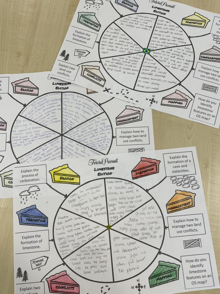 Amazing Trivial Pursuit sheets completed by my N5s this morning to revise the limestone unit!🪨 Inspired by the wonderful <a href="/Miss_Mcginley1/">Miss McGinley🌻</a>❤️