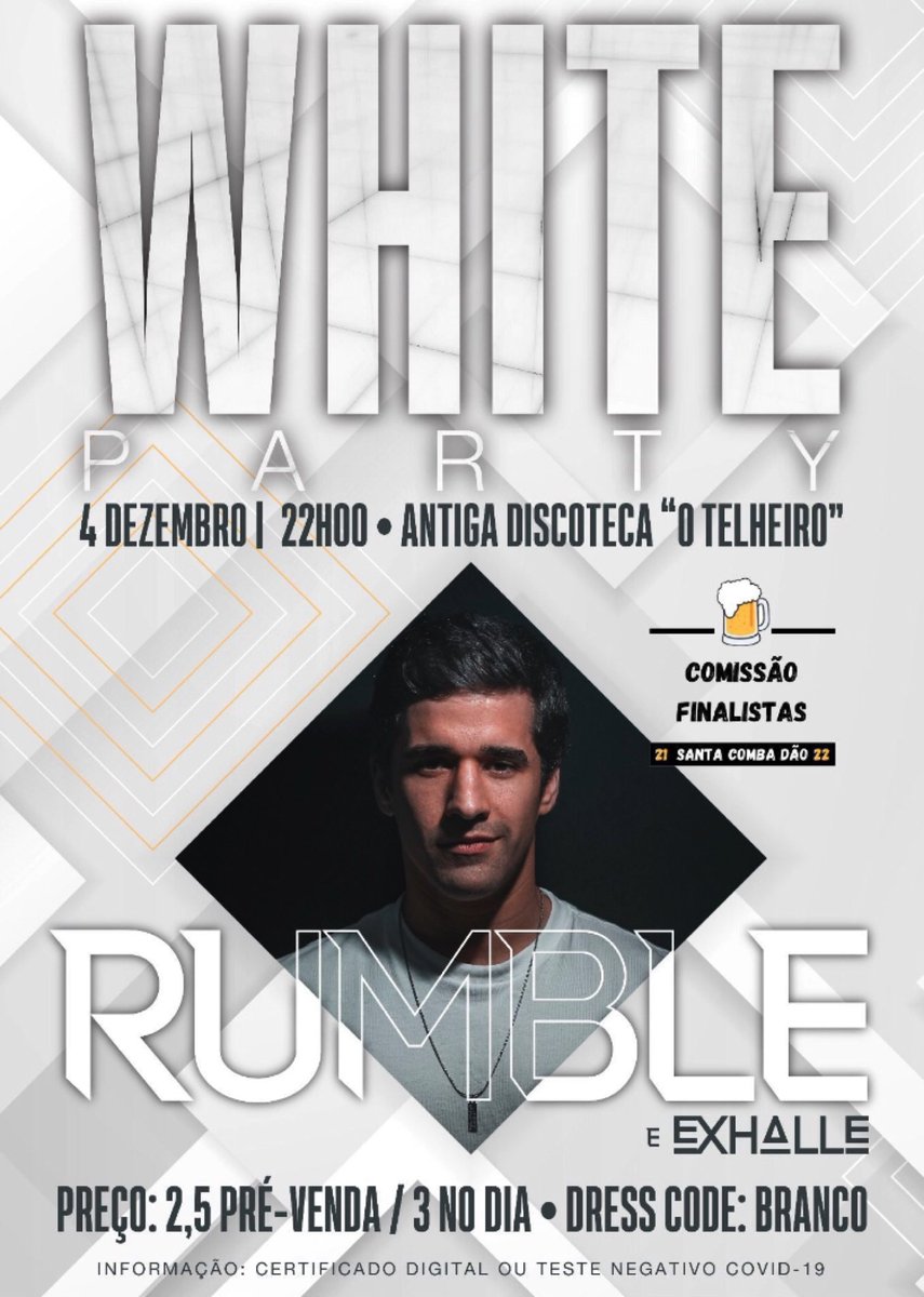 White party 🎉🤍

E finalmente, apresentamos o nosso novo cartaz!! Não percas a próxima festa, dia 4 no Telheiro!🔥

Esta noite promete muita animação que não vais querer perder, e claro, não te esqueças do dress code!😉

Reserva já a tua pulseira!!