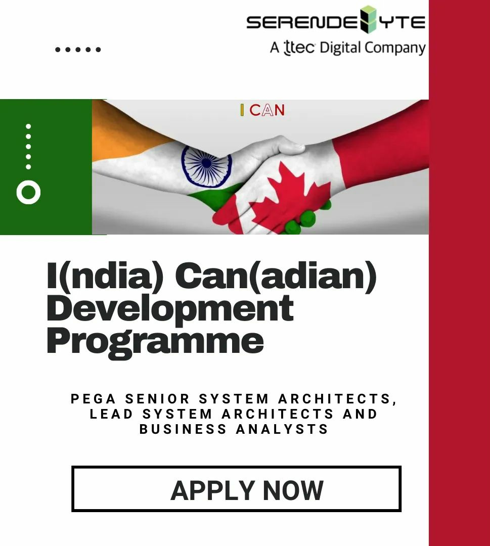 SerendebyteInc's tweet photo. Are you a highly talented Business Analyst, LSA or SSA who enjoys solving complex solutions on Pega and has a dream to work in Canada?

Apply for our I CAN Program here: https://t.co/aPb09KM1pD

Refer https://t.co/r6w4VOlWNg for more details.

#PegaJobs #CanadaJobs https://t.co/DHtUKRAt5Q