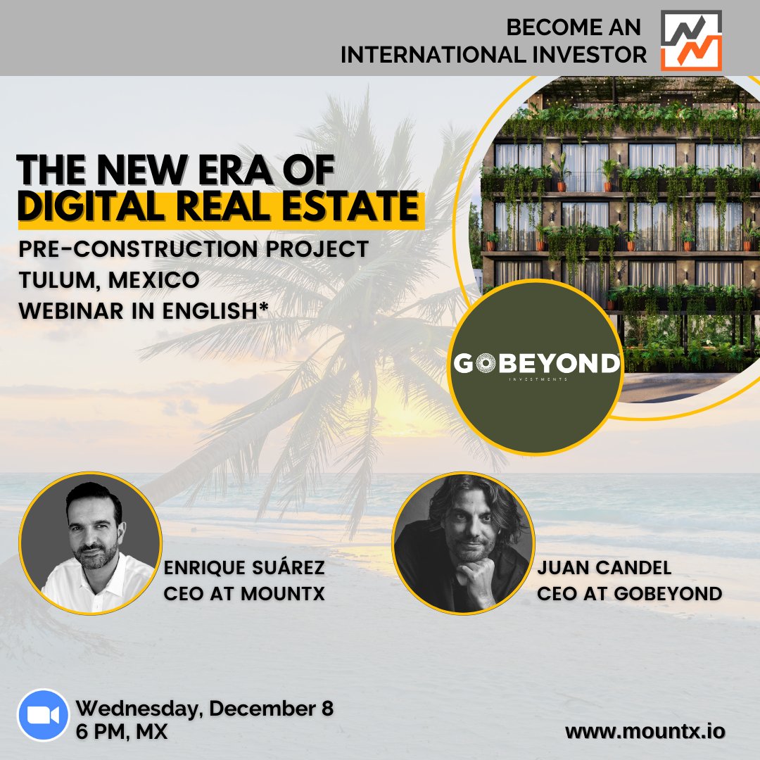 BOHO Nomad is a sustainable hotel with 18 rooms. Pre-construction project in Tulum, Mexico. 

Webinar in English*

We will have as guest the CEO of GoBeyond, Juan Candel. 

🗓 December 8 , 6 pm CDMX.

🔗  Link: ow.ly/G59h50GV19X

#bohonomad #realestate #tokenizacion