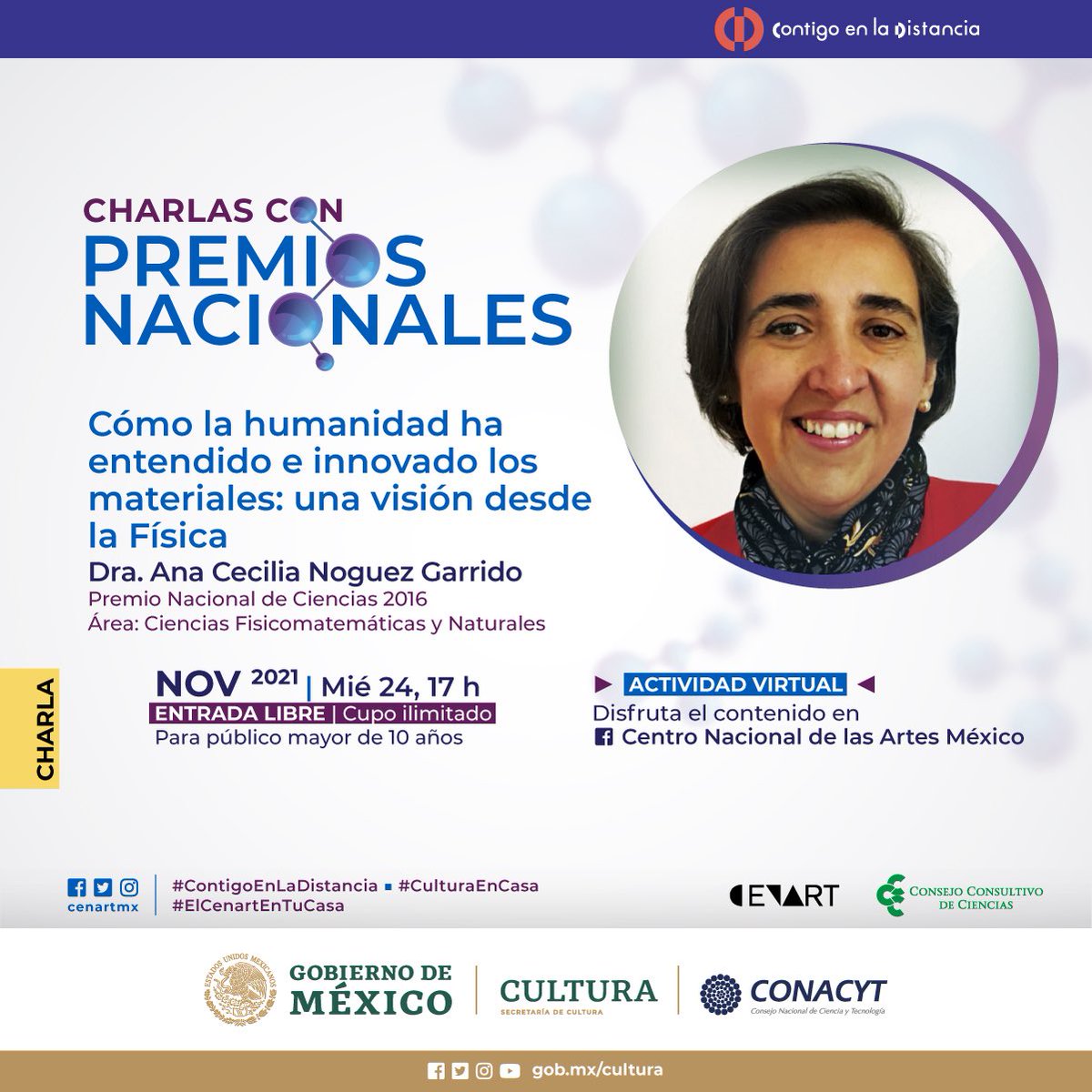 Hoy miércoles 24 de noviembre, 17: h. no te pierdas la charla que tendrá la Dra. <a href="/cecilianoguezg/">Cecilia Noguez</a> directora del <a href="/IF_UNAM/">Instituto de Física de la UNAM</a> a través del <a href="/CCCienciasMX/">CCCiencias</a> ow.ly/8L4g50GUOEo #ContigoEnLaDistancia #CulturaEnCasa #ElCenartEnTuCasa