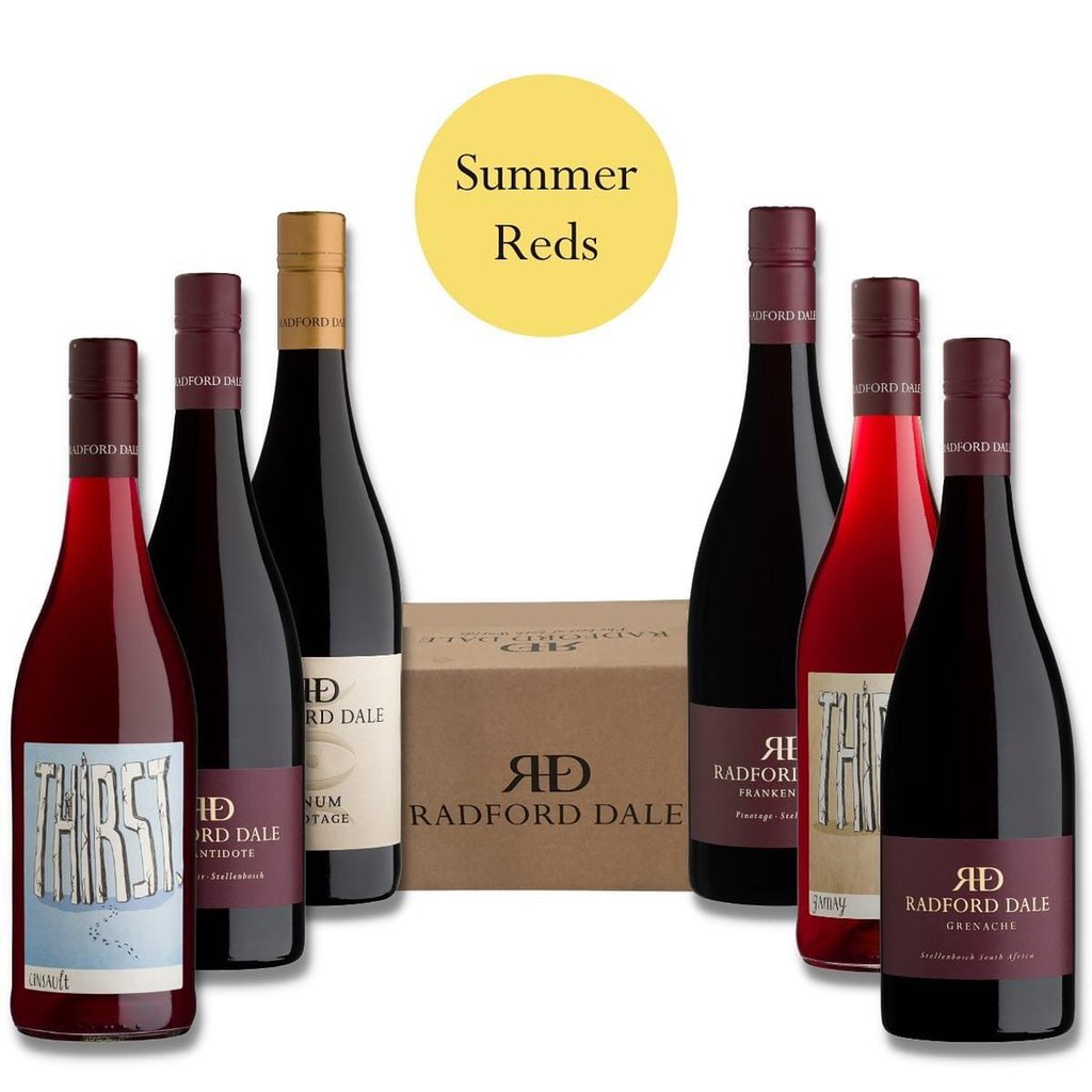 Radforddale's tweet photo. Here comes the summer sun... With braai tongs in hand we declare to you - you can still drink red wine when the heat is on with this mixed case of light-bodied summer reds. Don't forget to serve them all slightly chilled. Order: https://t.co/kj01GO95vM
#summerreds #mixedcases https://t.co/GIV3HezJpe