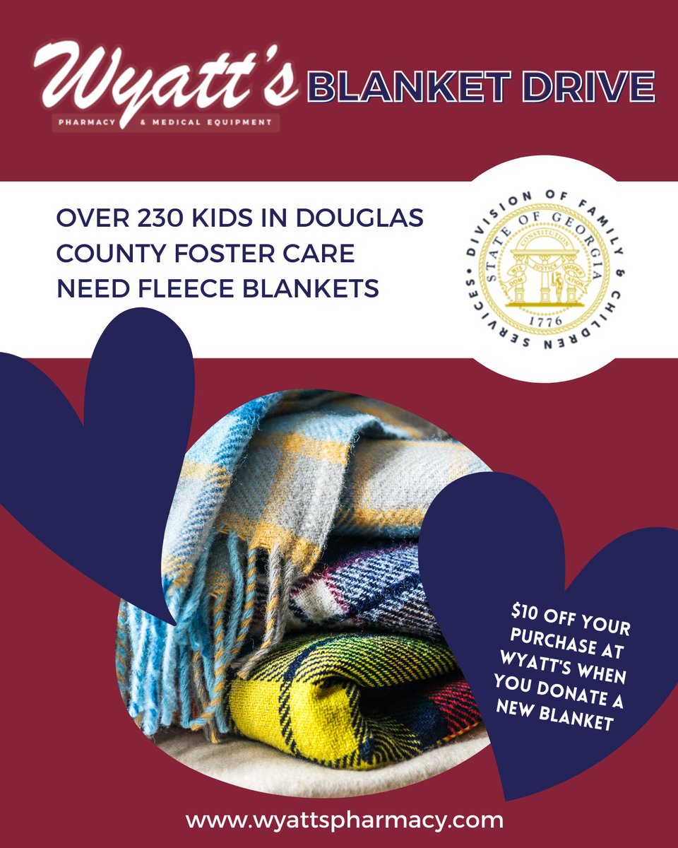 We are still in need of new fleece blankets for our local Douglas County Foster Care children and teens! As a thank you for donating a blanket, we are happy to give you $10 off of your purchase at Wyatt's!

#wyattsfamily #wyattspharmacy #medicalequipment #familypharmacy...