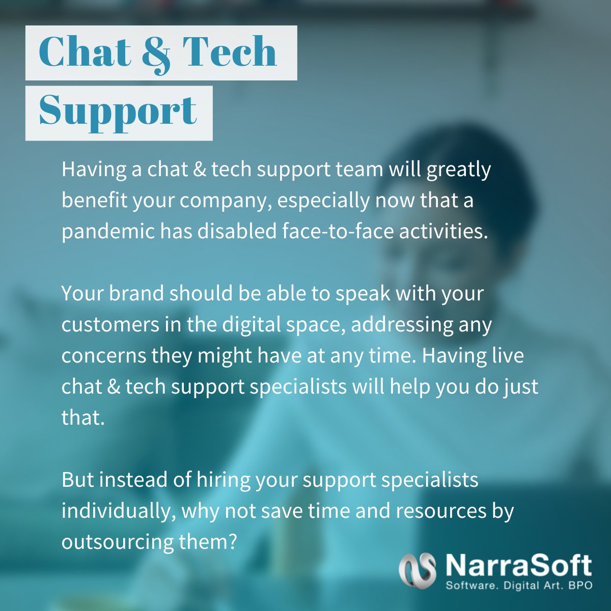 narrasoft's tweet photo. #NarraSoft's expert chat &amp; tech support specialists are here to serve you and your customers 24/7! 

Read about the benefits of #outsourcing chat &amp; tech support specialists here.

#chatsupport #techsupport #customerservice #customerexperience #livechatagents #livechatsupport https://t.co/8rVHJ31O0a