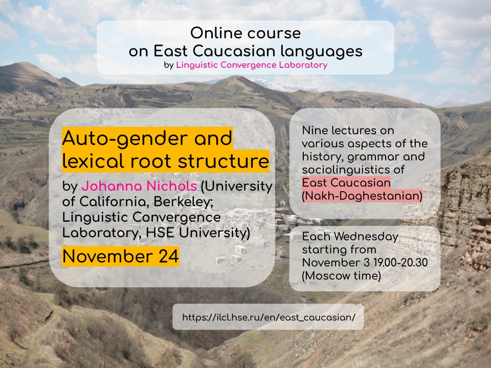lingconlab's tweet image. Today! Lecture by Johanna Nichols: Auto-gender and lexical root structure.
