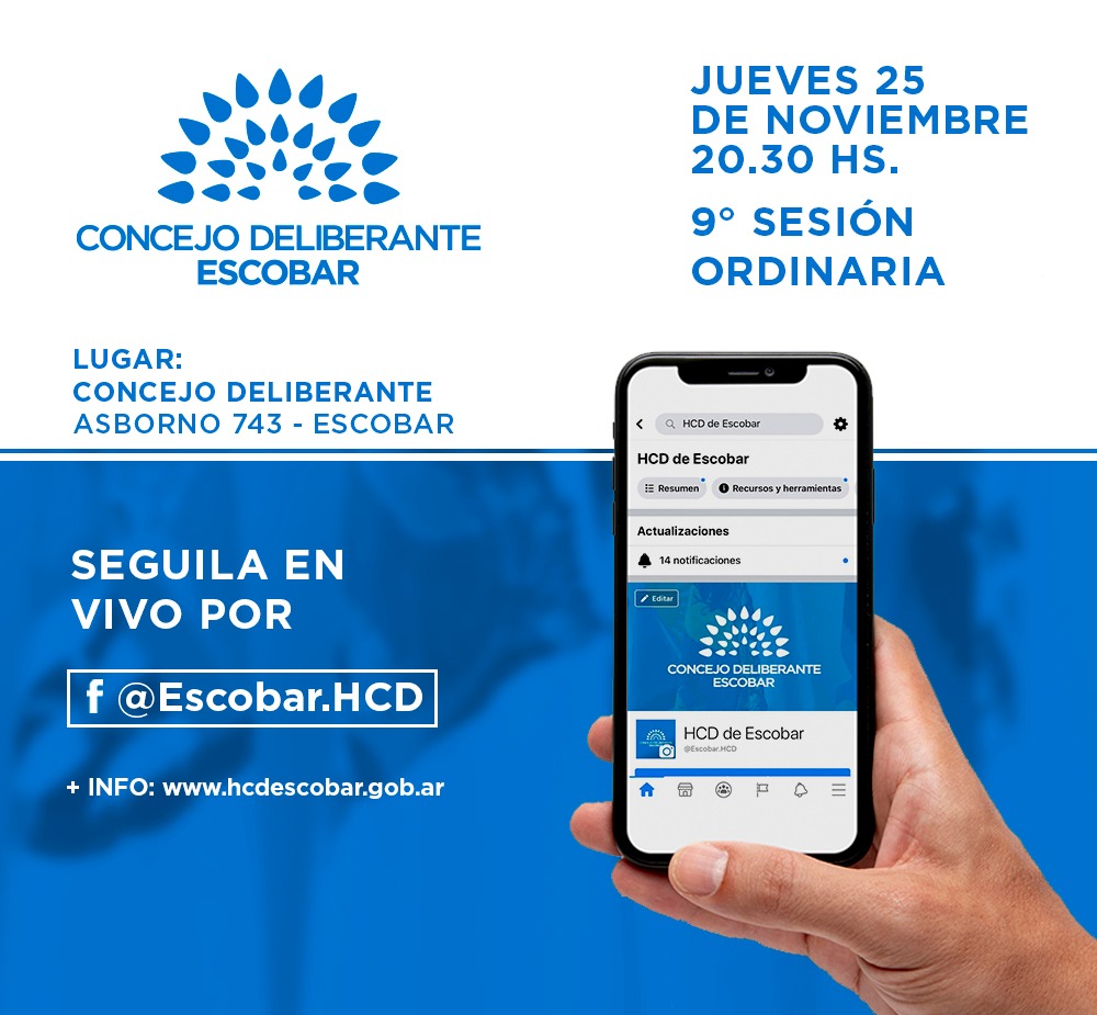 EscobarHCD's tweet photo. Se realizará la Novena Sesión Ordinaria en el recinto de @EscobarHCD.

Presidida por @LuisCarranzaOK, se llevará a cabo el jueves 25 de noviembre a las 20:30 hs.

Más info ▶️  https://t.co/Vr8z1RLo5v https://t.co/oDHYFl49ip
