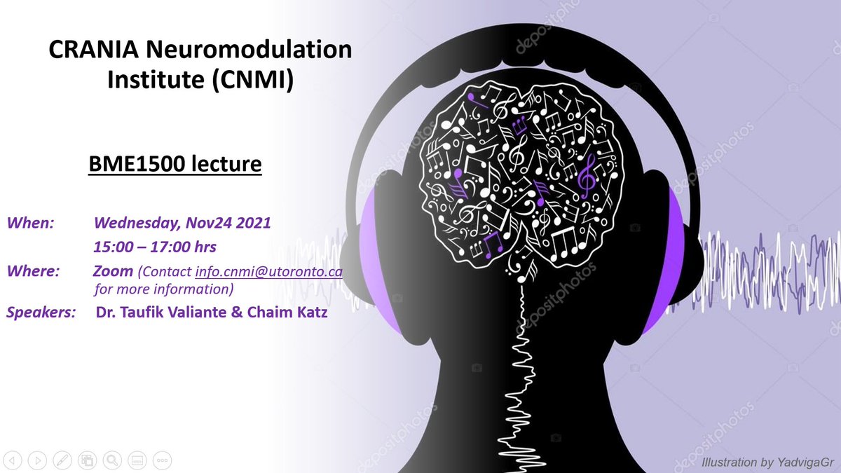 CRANIA (@crania_toronto) on Twitter photo Ever wondered how #musictherapy modulates our brain activity? Don’t miss out on a lecture on this exciting topic by #CNMI director <a href="/DrValiante/">Dr. Valiante</a> and the semester’s final #BME1500 lecture providing insight into the regulatory process for technological innovations, by Chaim Katz. Ever wondered how #musictherapy modulates our brain activity? Don’t miss out on a lecture on this exciting topic by #CNMI director <a href="/DrValiante/">Dr. Valiante</a> and the semester’s final #BME1500 lecture providing insight into the regulatory process for technological innovations, by Chaim Katz.