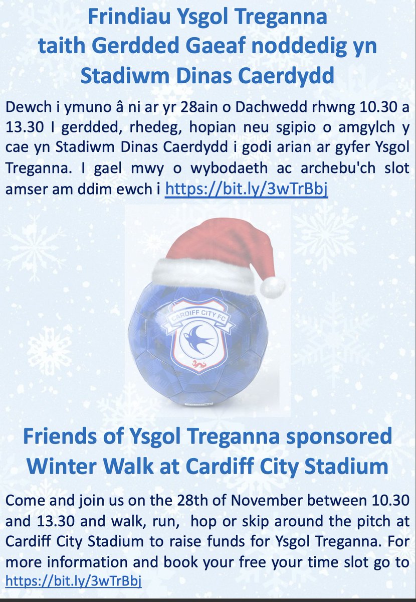 Don't forget to book your free ticket for the Winter Walk <a href="/CardiffCityStad/">Cardiff City Stadium</a> this Sunday and raise money for Ffrindiau Ysgol Treganna. bit.ly/3wTrBbj <a href="/BluebirdBartley/">Bartley Bluebird</a> will also be making an appearance!

<a href="/YsgolTreganna/">Ysgol Treganna</a>