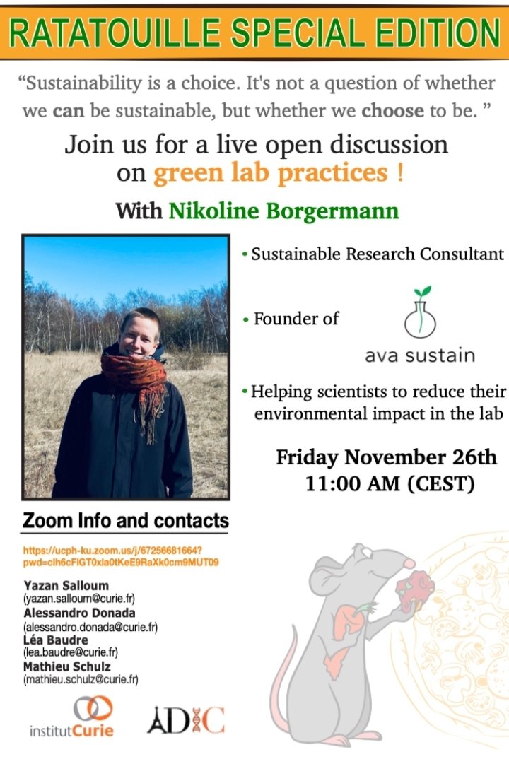 Super excited to share our next @institut_curie young scientist seminar with @AvaSustain on green and sustainable research practices !🍃👨‍🔬👩‍🔬♻️

This Friday at 11am: 
ucph-ku.zoom.us/j/67256681664?…
#sustainablescience
@CurieAdic