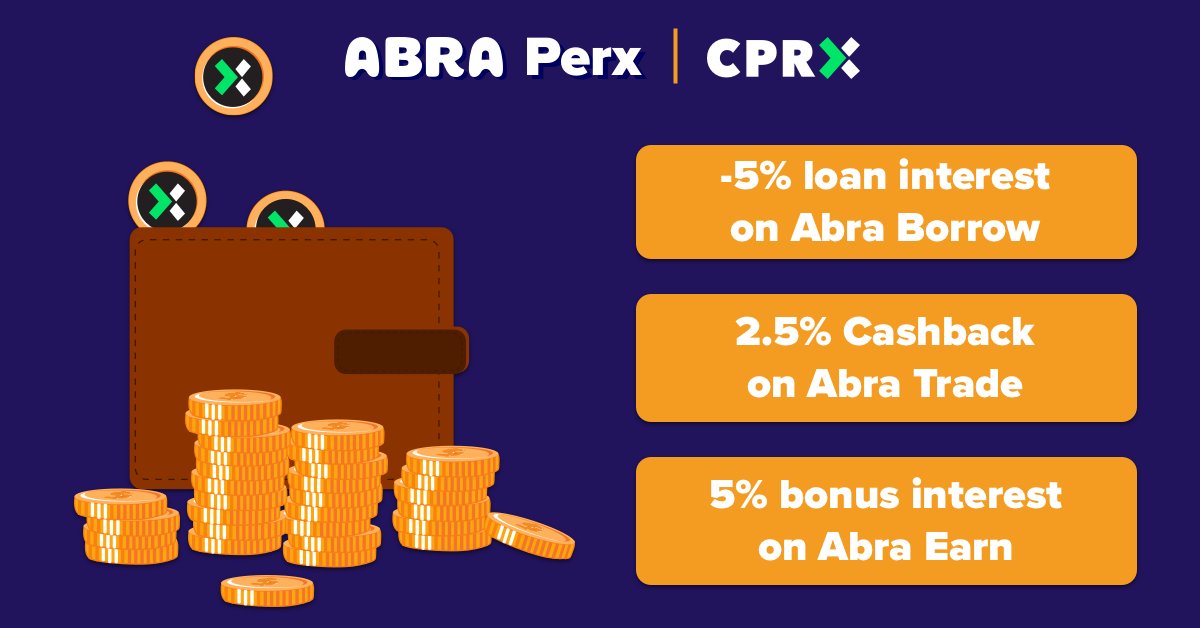 AbraGlobal's tweet photo. From now until January 14, all users receive unprecedented rewards in $CPRX! Receive 2.5% cashback on all #AbraTrade transactions, 5% bonus interest on #AbraEarn, and -5% loan interest on #AbraBorrow! Now's the time to use Abra! https://t.co/DVGWyc3Kzz #Abraperx https://t.co/mOgIECDtuB