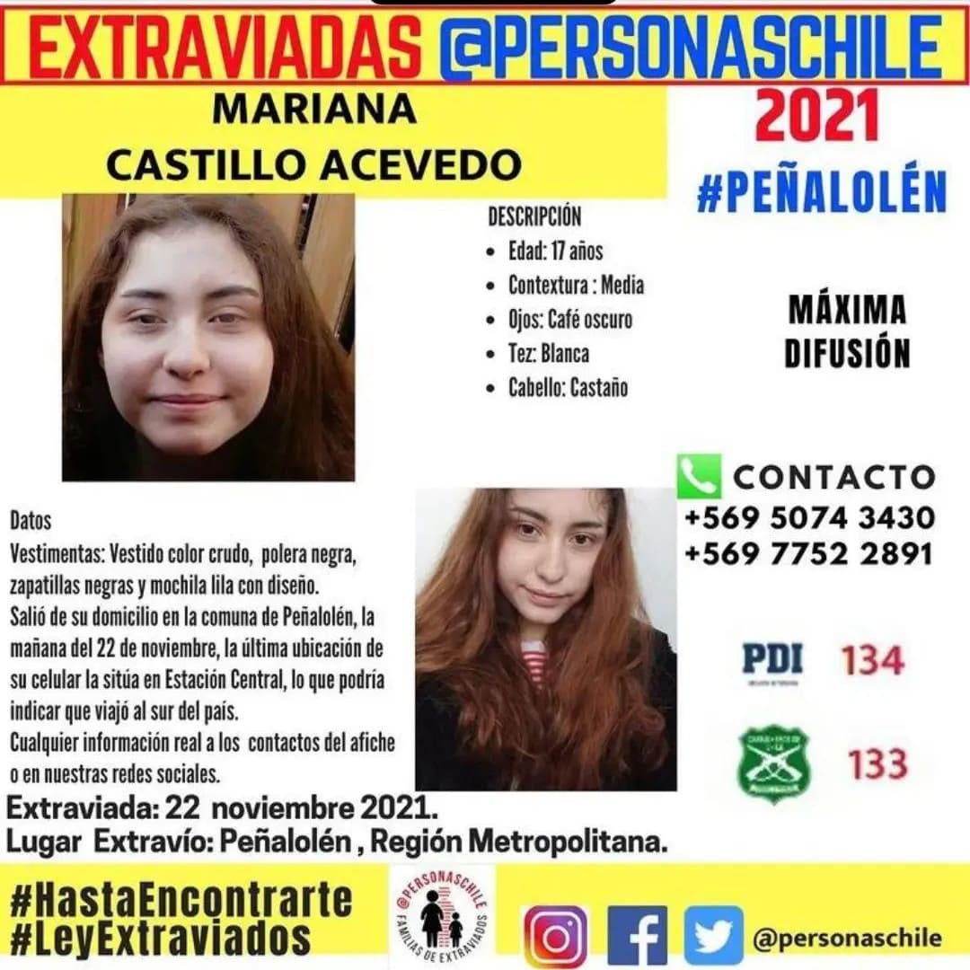 Necesitamos su ayuda para encontrar a Mariana!!!@rubionatural <a href="/KarlaEnAccion/">Karla Rubilar Barahona</a> <a href="/TonkaTP/">Tonka Tomicic</a> <a href="/KarendTV/">Karen Doggenweiler L</a> <a href="/Carabdechile/">Carabineros de Chile</a> <a href="/CarolinaLeitao/">Carolina Leitao</a> <a href="/Orrego/">Claudio Orrego L.</a> <a href="/lacuarta/">La Cuarta</a> <a href="/T13/">T13</a> <a href="/adnradiochile/">Radio ADN</a> <a href="/biobio/">BioBioChile</a> <a href="/PublimetroChile/">Publimetro</a> <a href="/latercera/">La Tercera</a> <a href="/LANACION/">LA NACION</a> <a href="/meganoticiascl/">Meganoticias</a> <a href="/jananeme/">Jose Antonio Nemen</a> <a href="/ElisaLoncon/">Elisa Loncon Antileo ✷</a> <a href="/diana_bolocco/">Diana Bolocco</a> @gabrielboric