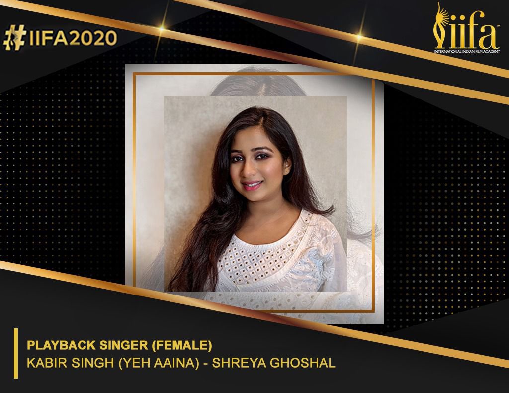 IIFA's tweet photo. Congratulations #ShreyaGhoshal for winning the IIFA Award for Playback Singer(Female) at #IIFA2020 for Yeh Aaina - Kabir Singh! 🏆👏🏻

#IIFA #Bollywood https://t.co/aYAM0xaIaI