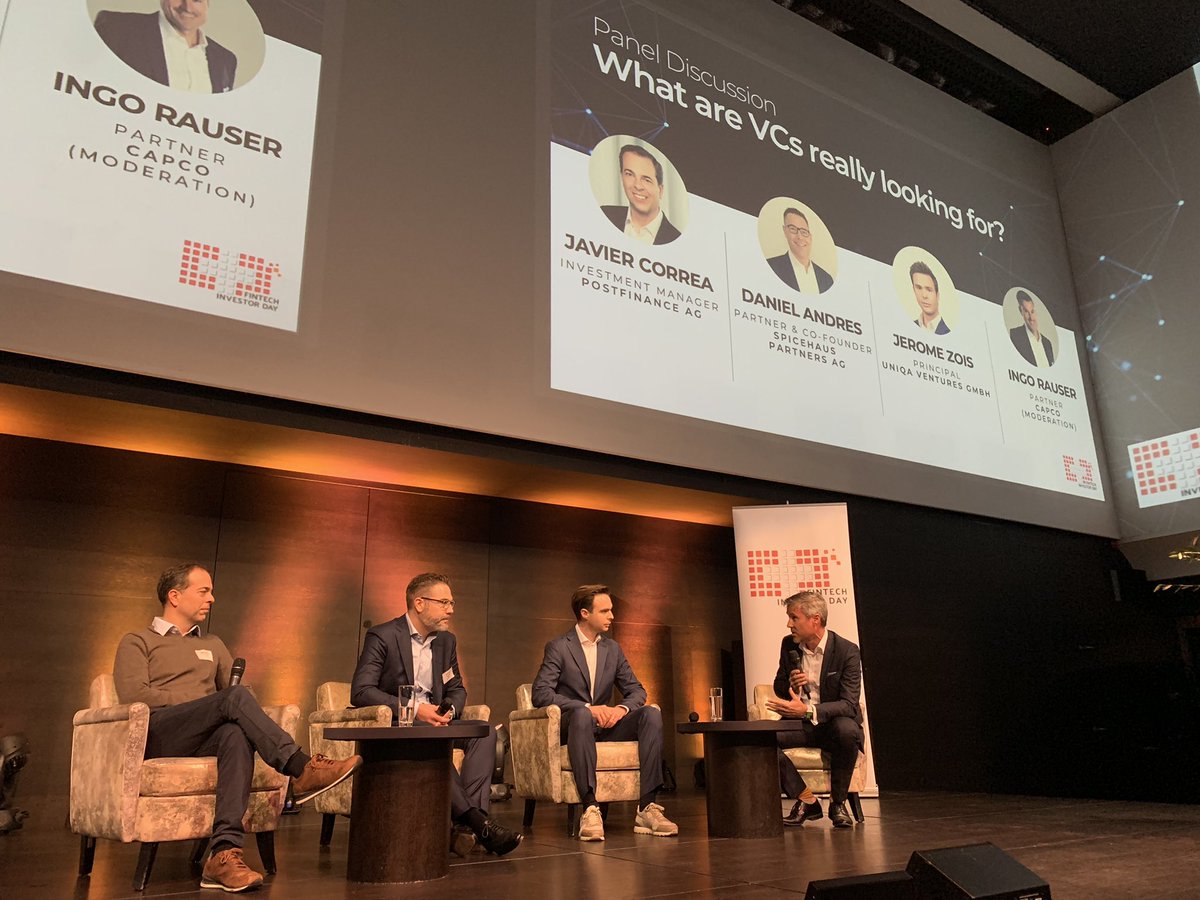 What are VCs looking for? Great panel with <a href="/PostFinance/">PostFinance</a> Spicehaus Partners @UniqaVentures moderated by <a href="/Capco/">Capco</a> at the <a href="/sictic_ch/">SICTIC</a> Swiss #Fintech Investor Day - you need to be fully prepared with proper pitch deck and data room and fully explain why money is needed and what for