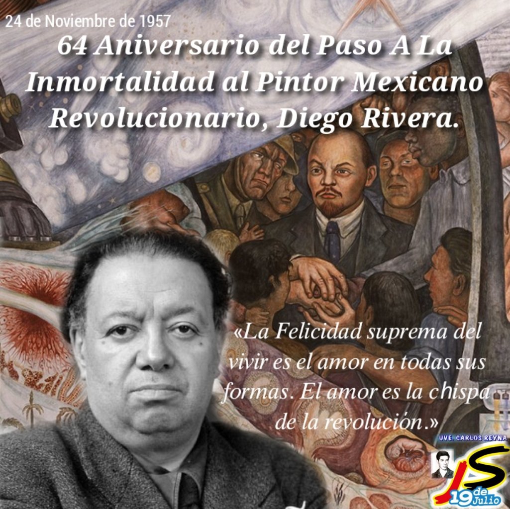 JGuerrillera's tweet photo. #NoticiaJS19J ❤️🖤🎥 | •Este #24DeNov, se cumple 64 años de la partida física del muralista mexicano, #DiegoRivera, quien fue un pintor extraordinario. Sus obras significa mucho de contra el gobierno golpista y derecha.

#RelevosGuerrillerosD1
#OrgulloNacionalPatriaLibre https://t.co/WVJSQqlQmr