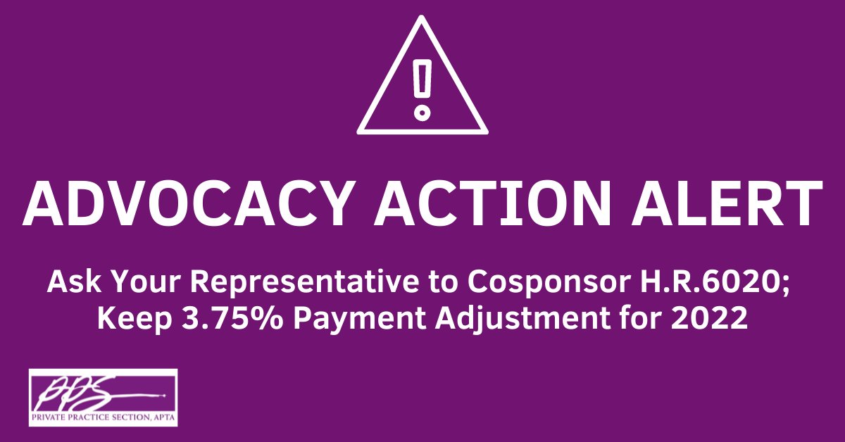 pps_apta's tweet photo. Unless Congress acts, all health care professionals are facing cuts to Medicare payment on January 1, 2022. Ask your Representative to cosponsor H.R. 6020 in order to maintain the 3.75% Medicare payment adjustment for more year.  Learn how: https://t.co/q73zNG1PhG
#PPSAdvocacy https://t.co/ekFXByOjsX