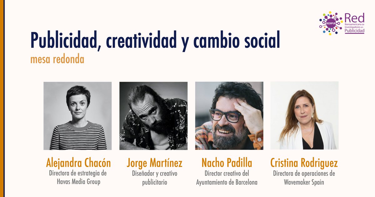 Para abordar temas donde la publicidad opera a favor del cambio social, tendremos este 1 de diciembre a las 17:15 hora de Madrid, la mesa redonda con profesionales de la industria publicitaria. Consulta el programa consulto y participa redipub.org/programa-congr…