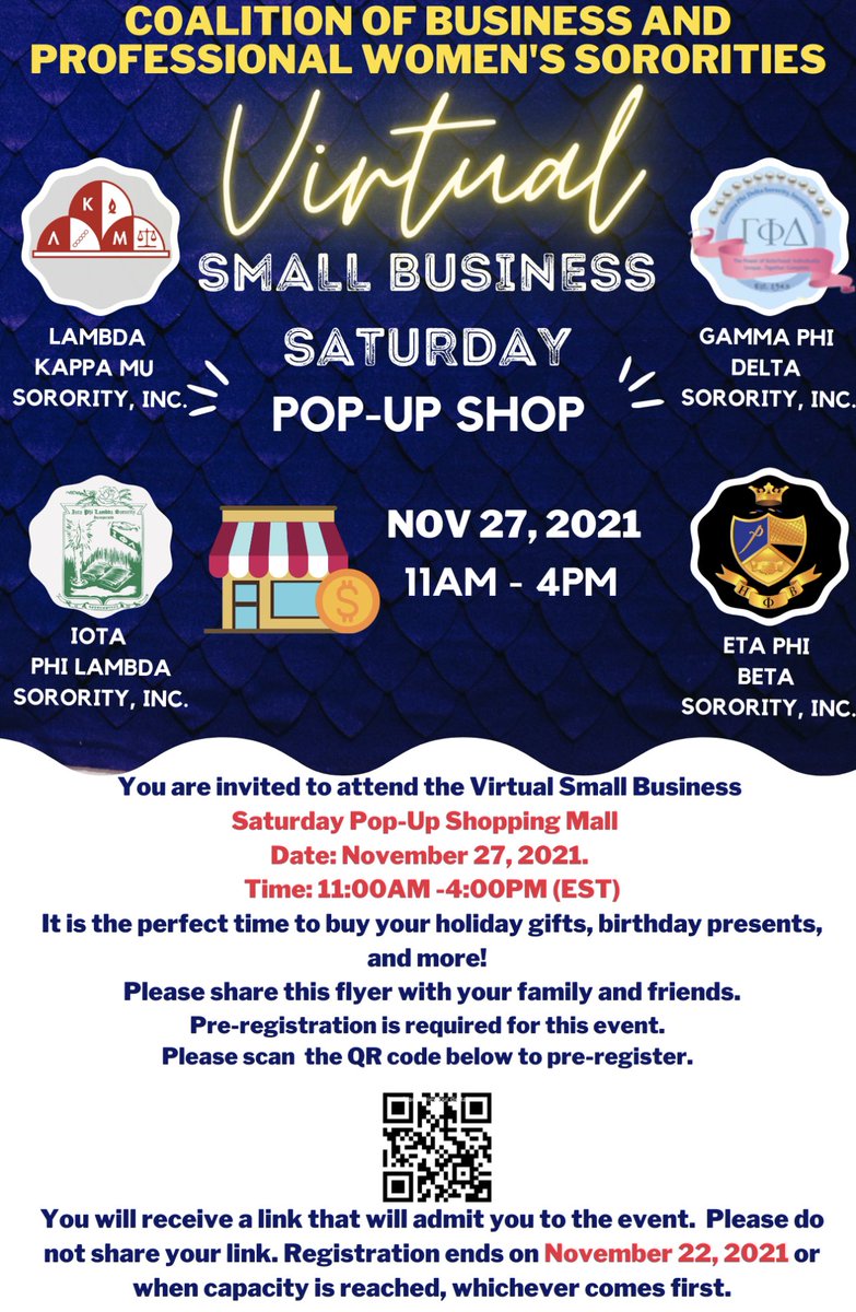 GiftofL's tweet photo. Pre-register for the Business and Professional Women's Sororities Small Business Saturday.  We are beyond 11/22, but the registration link remains active. To pre-register, follow the link below or scan the QR code on the flyer.
https://t.co/77IGoD3dTL https://t.co/aJdIpD2s8q
