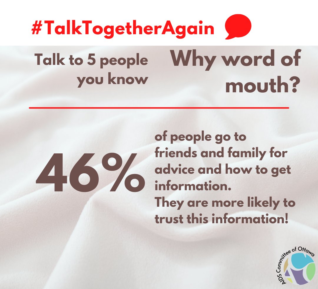 ACOttawa's tweet photo. Today is the start of #AIDSAwarenessWeek, a week of awareness that commemorates people living with #HIV.  

This year we are sharing with you the #talktogetheragain campaign; where we are encouraging awareness through a word of mouth campaign! 

#AIDSAwarenessWeek 
#VOICES4HIV https://t.co/c4QKtfLVKs