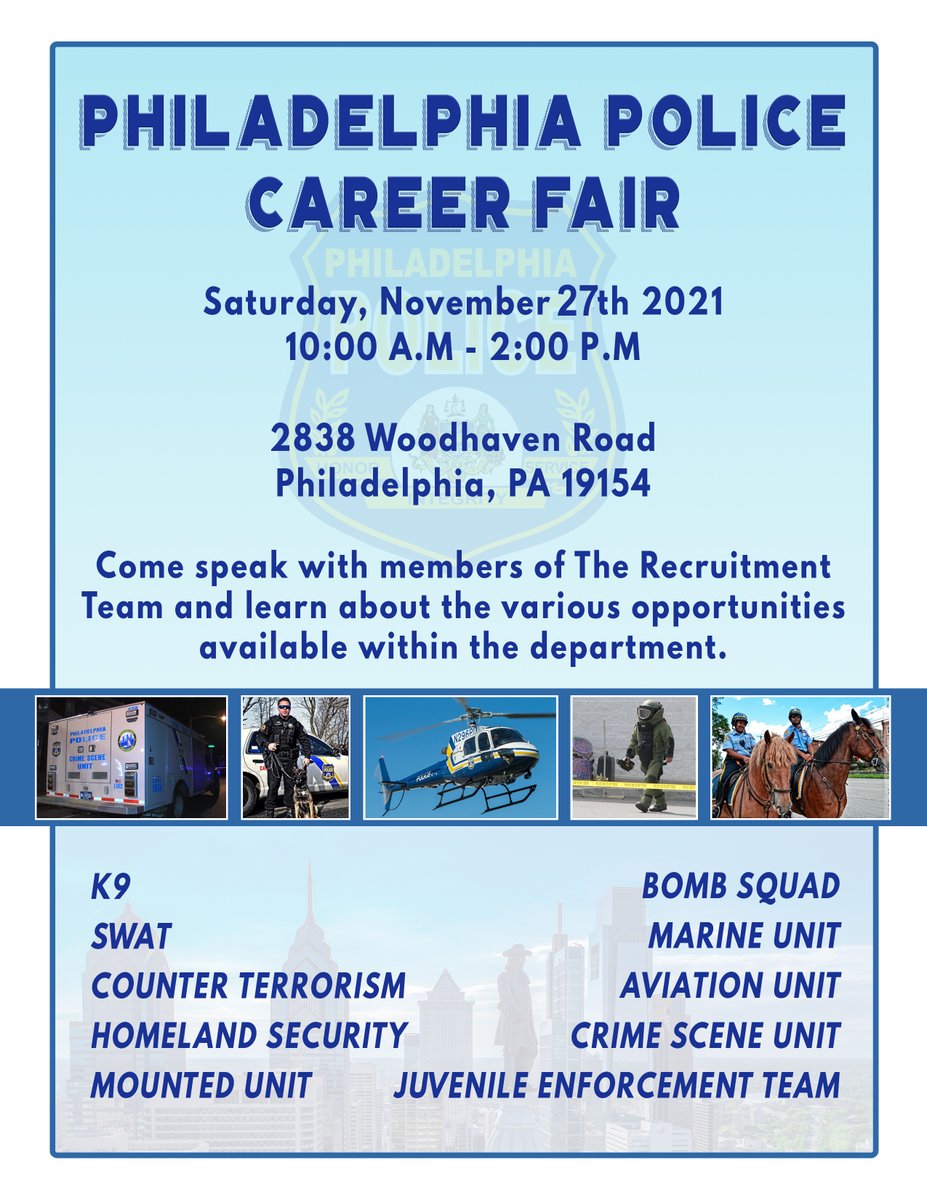 Happy Thanksgiving, job hunters!

This Saturday (11/27), don't miss the Philadelphia Police Career Fair from 10 A.M to 2 PM 2838 Woodhaven Rd!