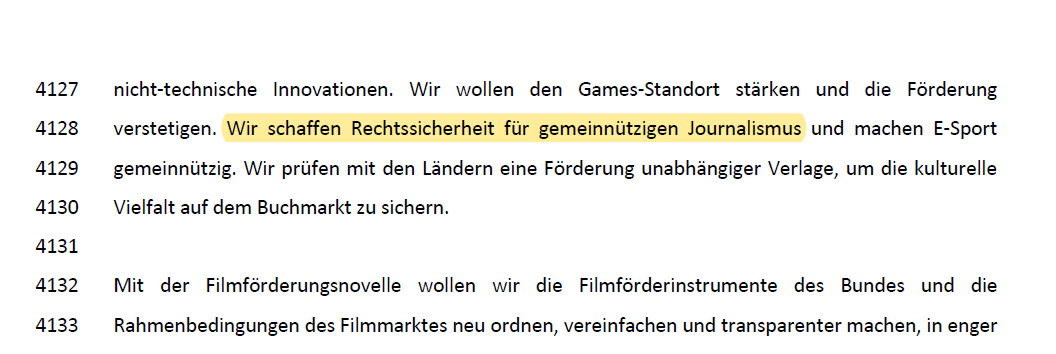 Hurra! "Wir schaffen Rechtssicherheit für gemeinnützigen Journalismus (...)" 🌱 Es ist ein kurzer Satz im #Koalitionsvertrag. Aber er verspricht einen riesigen Gewinn für die Vielfalt, für die Recherche, für Innovation im Journalismus. fragdenstaat.de/dokumente/1420…