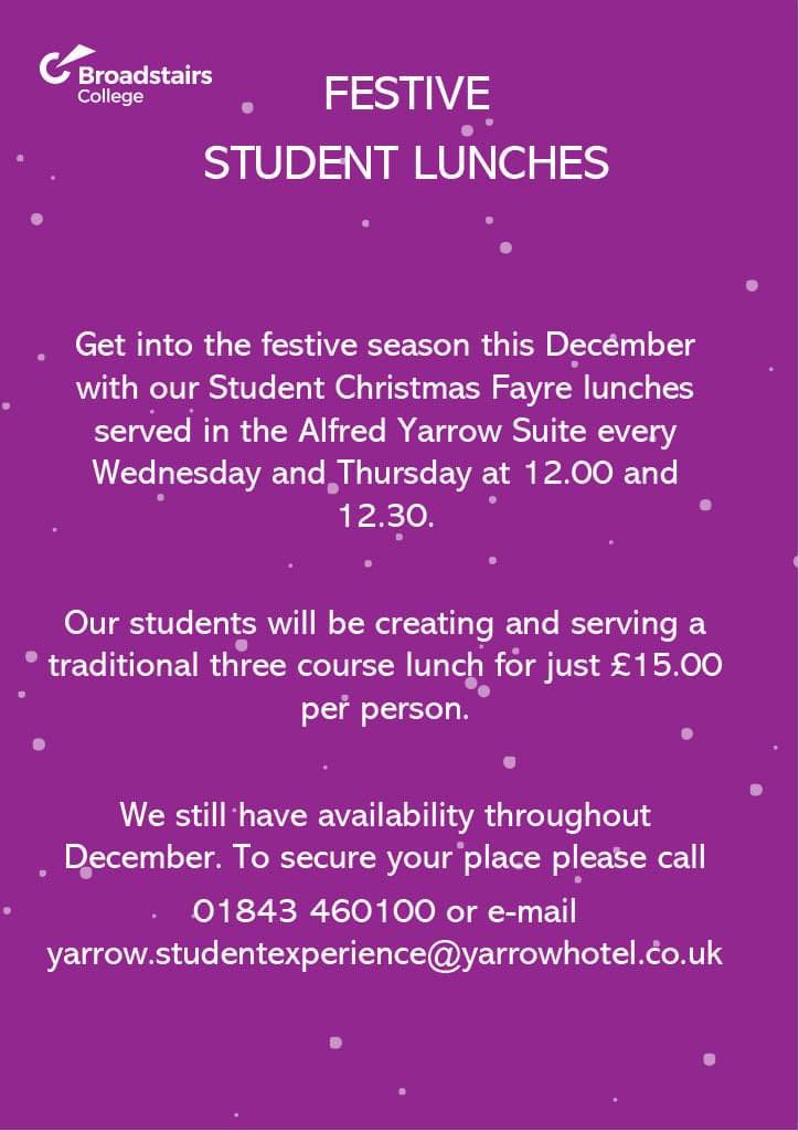 yarrow_hotel's tweet photo. Our Students are getting in to the Festive spirit! We hope you are too ☃️🎊🎉👨🍳 #theyarrowhotel #broadstairs #studentlunch https://t.co/LKYVva9VDu