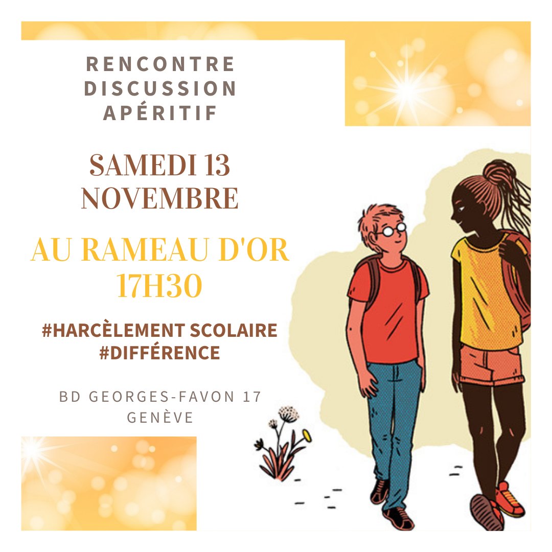 ⭐ RENCONTRE-DEDICACE ⭐ Au Rameau d'Or, à Genève sur le thème du harcèlement scolaire et de la différence Samedi 13 novembre, 17h30 J'espère vous y rencontrer. 😄 #harcelementscolaire #difference #autisme #hpi #douance #amitie #hautpotentiel #rencontre #dedicace