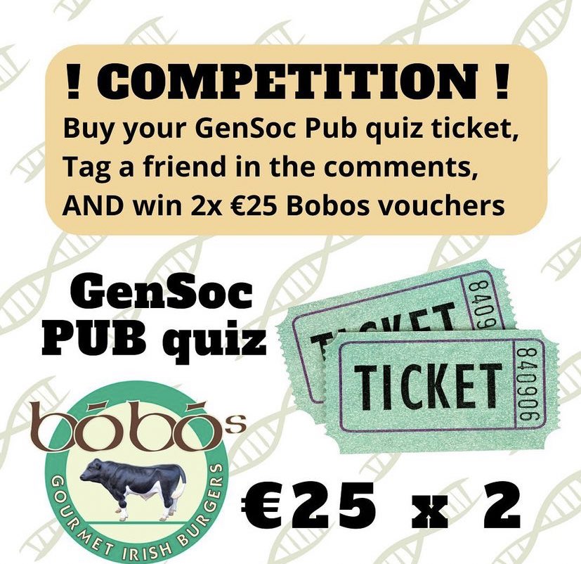 🎉🎉COMPETITION TIME!!!! 🎉🎉
To give you guys an idea of the INSANE prizes we have for the pub quiz next Thursday, we are currently giving away 2 X 25 euro vouchers for Bobo’s Burgers! 😍🍔 
Head on over to our instagram (@tcdgensoc) for more details!!