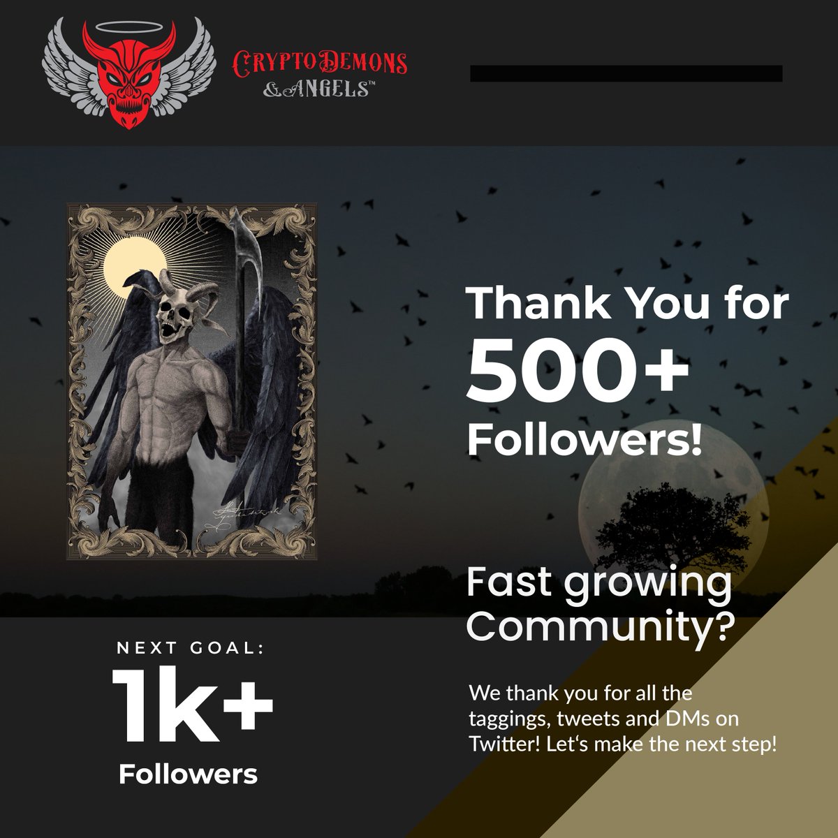 DemonsAngelsNFT's tweet image. Warm Welcome!

Thank you all for following us. We haven't posted anything yet and we already have now more than 500 #followers!

Keep following in order to discover interesting #NFTnews about our #NFTProject #CryptoDemons 👹🔥 

#NFT #blockchainart #cryptoartcollector #nftnews