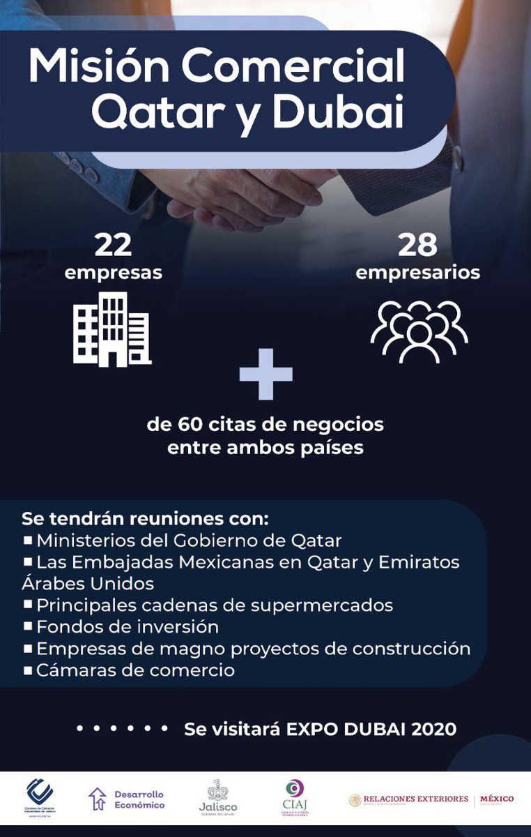 Las y los Industriales del <a href="/CCIJalisco/">Industriales Jalisco</a> están a una semana de iniciar la Primer Gira Comercial a Qatar y Dubai, trabajo que convierte a Jalisco en el primer estado en todo México que realiza una gira a este país del Medio Oriente.

¡Porque Jalisco es grande, y lo será aún más!