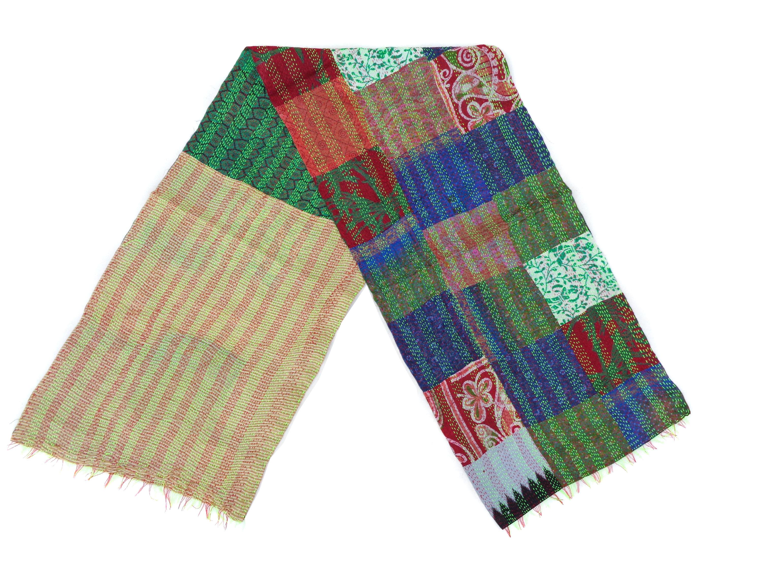 Handmade patchwork Silk Kantha Scarf Neck Wrap Stole Dupatta Hand Quilted Women Shawl Stitched KP44