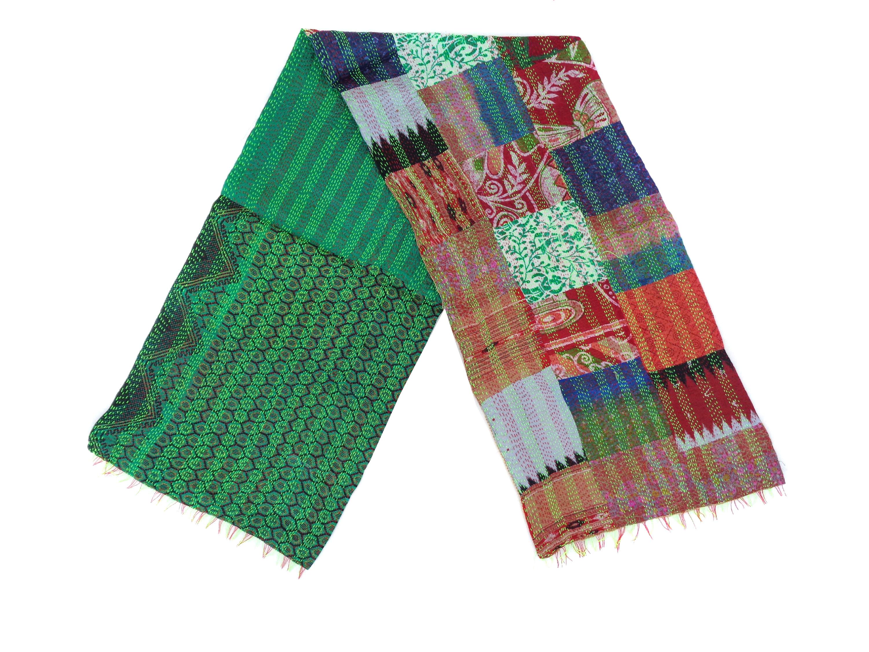 Handmade patchwork Silk Kantha Scarf Neck Wrap Stole Dupatta Hand Quilted Women Shawl Stitched KP44
