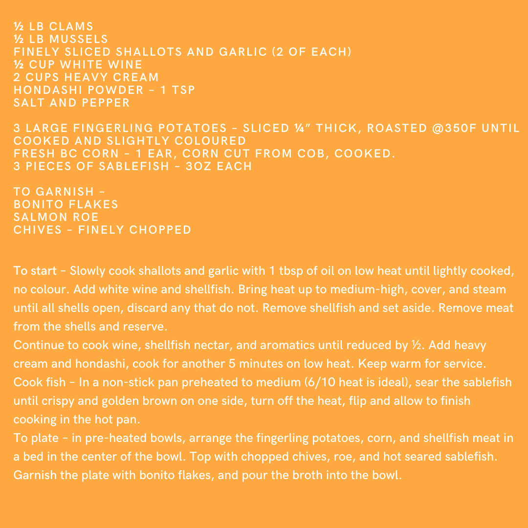 For this Fall #Foodie Friday, we're serving you some delicious surf from #local turf <a href="/WestinBayshore/">The Westin Bayshore</a>. Executive Chef Geoff Carkner is sharing his #recipe for the wonderful Sablefish Dashi Chowder.