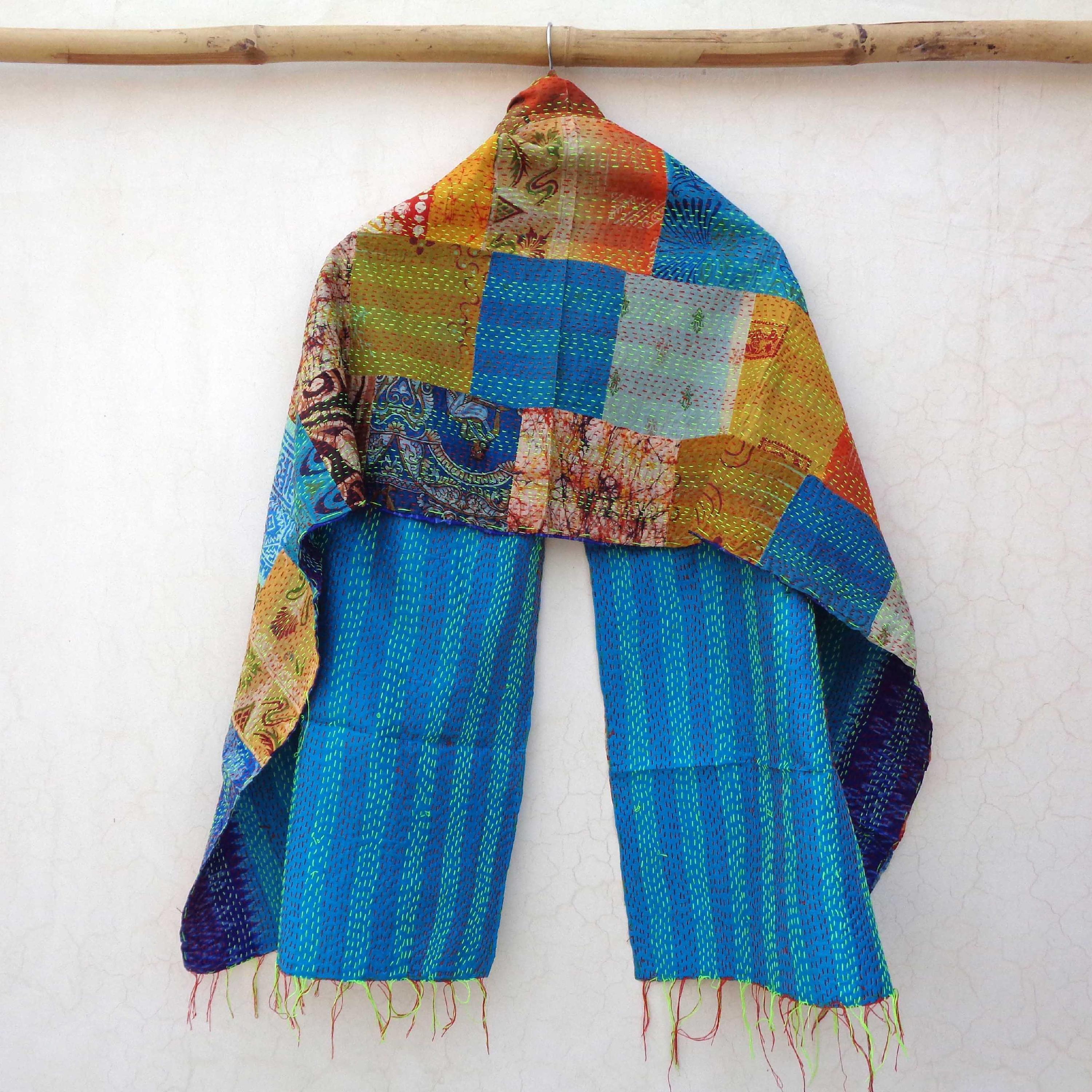 Handmade patchwork Silk Kantha Scarf Head Wrap Stole Dupatta Stitched Embroidered Scarf Veil Boho KP62