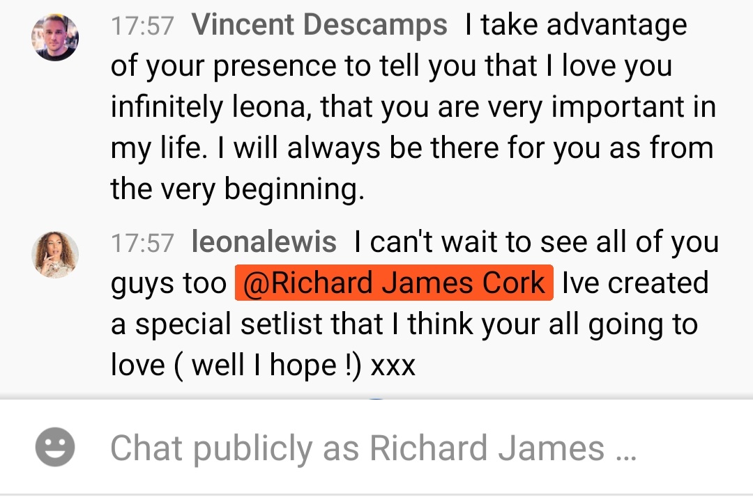 RichardJCork's tweet photo. @leonalewis Thank you for replying back in your @YouTube chat. I can't wait to see you on tour and I know your set list will be very special. #KMIC is beautiful, just like you. π https://t.co/QgyI6KErTA