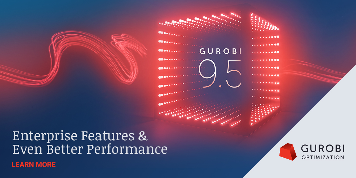 gurobi's tweet photo. We are pleased to announce Gurobi 9.5. Our new release provides customers with new enterprise features, product enhancements, and an even faster compute engine—with impressive performance improvements across all supported problem types. View what’s new: https://t.co/t3Bl9JCsVx https://t.co/dT9clakI3f