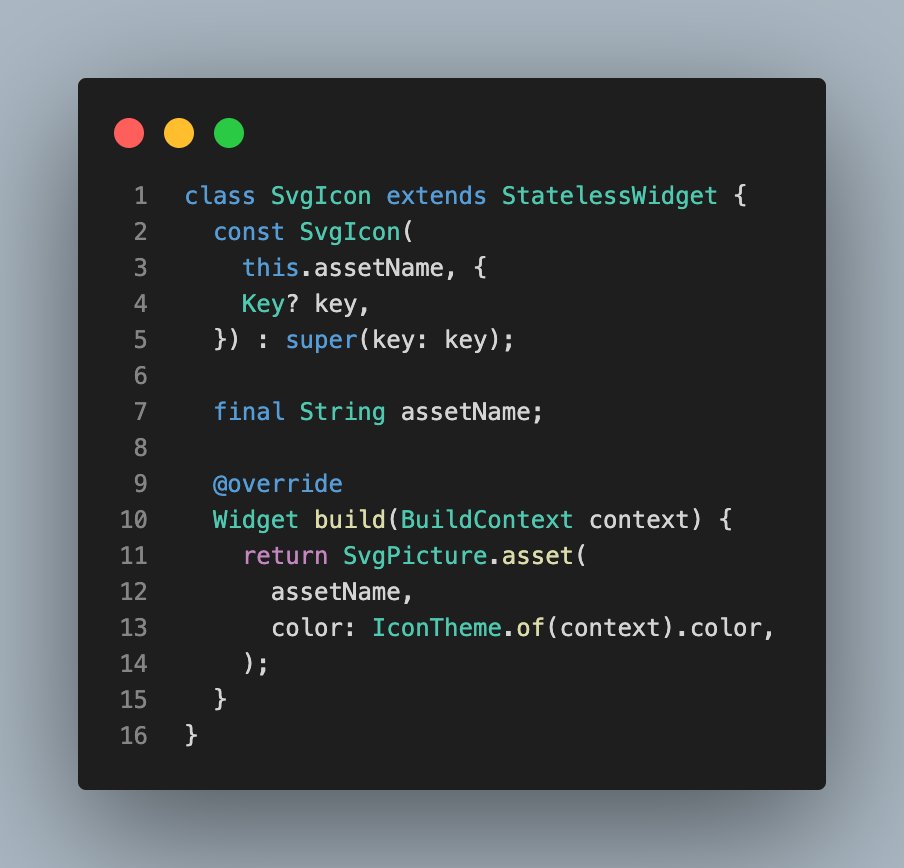 lets4r's tweet image. 🆘You use SvgPicture as the icon of a BottomNavigationBarItem but its color doesn't change automatically when it's selected? 😣
✅Create a custom widget that get its color from the nearest IconTheme and provide it to the icon of the BottomNavigationBarItem!😌
#FlutterTip