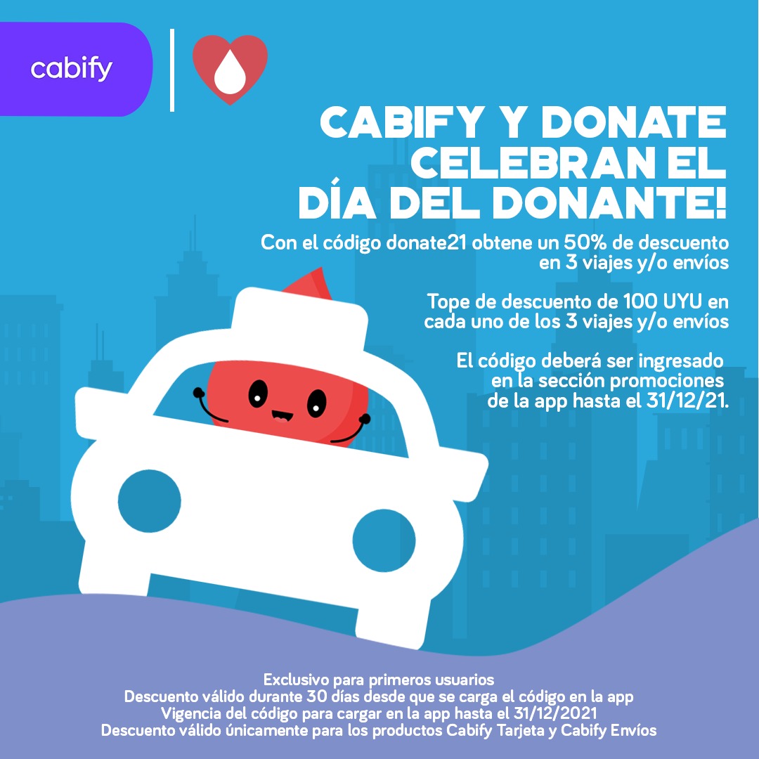 DonateUy's tweet photo. ¡Cabify y Donate celebran el día del donante!
.
Con el código 𝐝𝐨𝐧𝐚𝐭𝐞𝟐𝟏 𝒐𝒃𝒕𝒆𝒏𝒆 𝒖𝒏 𝟓𝟎% 𝒅𝒆 𝒅𝒆𝒔𝒄𝒖𝒆𝒏𝒕𝒐 en 3 viajes y/o envíos
. https://t.co/PLgPetLxro