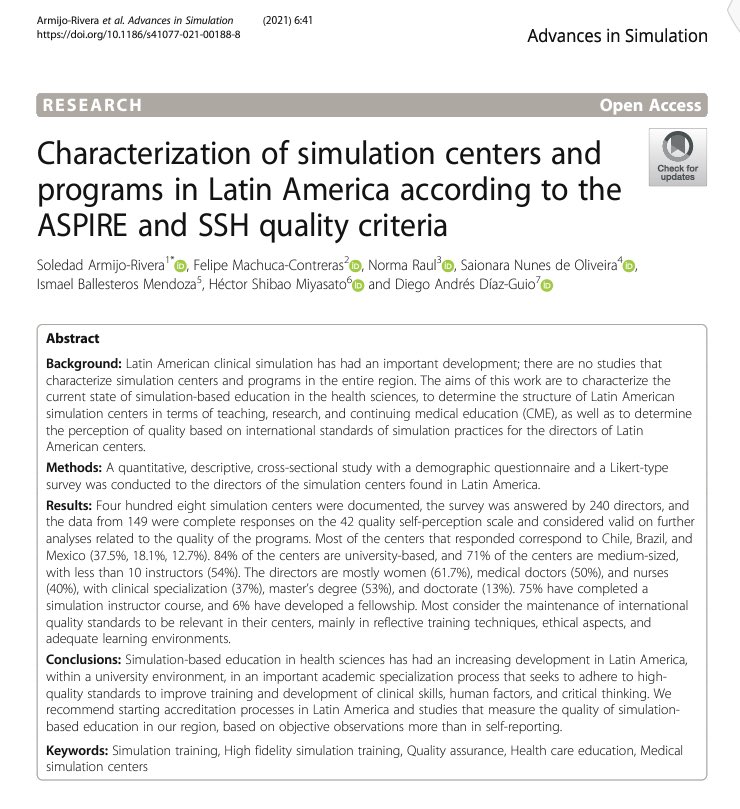 Aquí comparto nuestro estudio de Caracterización de Centros de Simulación en Latinoamérica en <a href="/AdvinSimulation/">AdvancesinSimulation</a> junto a <a href="/soledad_armijo/">Soledad Armijo</a> <a href="/NurseFAMC/">Felipe Machuca-Contreras</a> advancesinsimulation.biomedcentral.com/articles/10.11… #clinicalsimulation