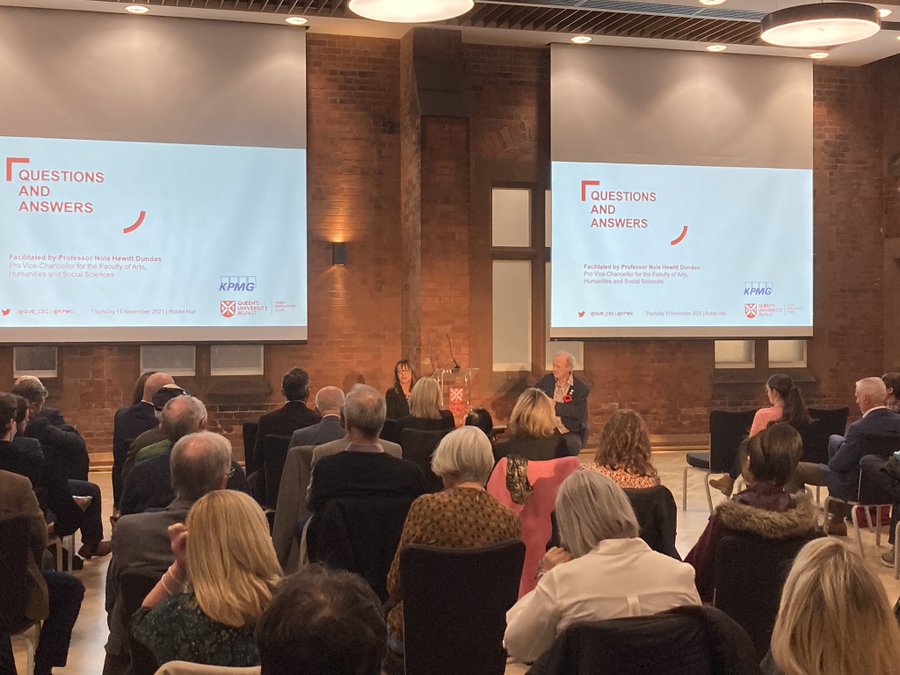 KPMG_Ireland's tweet photo. At yesterday evening’s Annual KPMG Lecture with @QUB_CEC we welcomed Sir Tim Smit, co-founder of the @edenproject who discussed the key future trends in his address ‘Does Salvation from Climate Change Rely on the Moral Compass of the Corporate World?#KPMGLecture #Sustainability https://t.co/gLx89SMQni