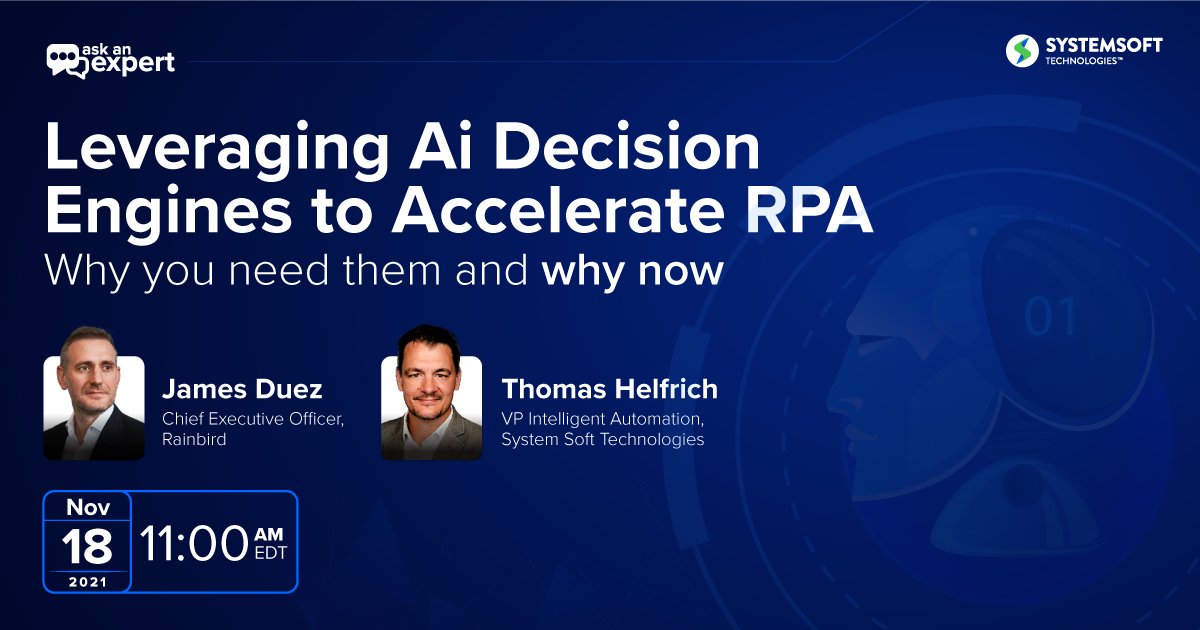 SystemSoft_Tech's tweet photo. Join our Ai experts Thursday, Nov. 18th at 11AM ET to learn how to best leverage your Ai decision engines! We are letting YOU ask the questions!
RSVP: https://t.co/NLN7peaeiT
#IntelligentAutomation #Ai #Artificialintelligence #AML #MachineLearning #Technology #Rainbird #AiRPA https://t.co/b6pYZNXz0d