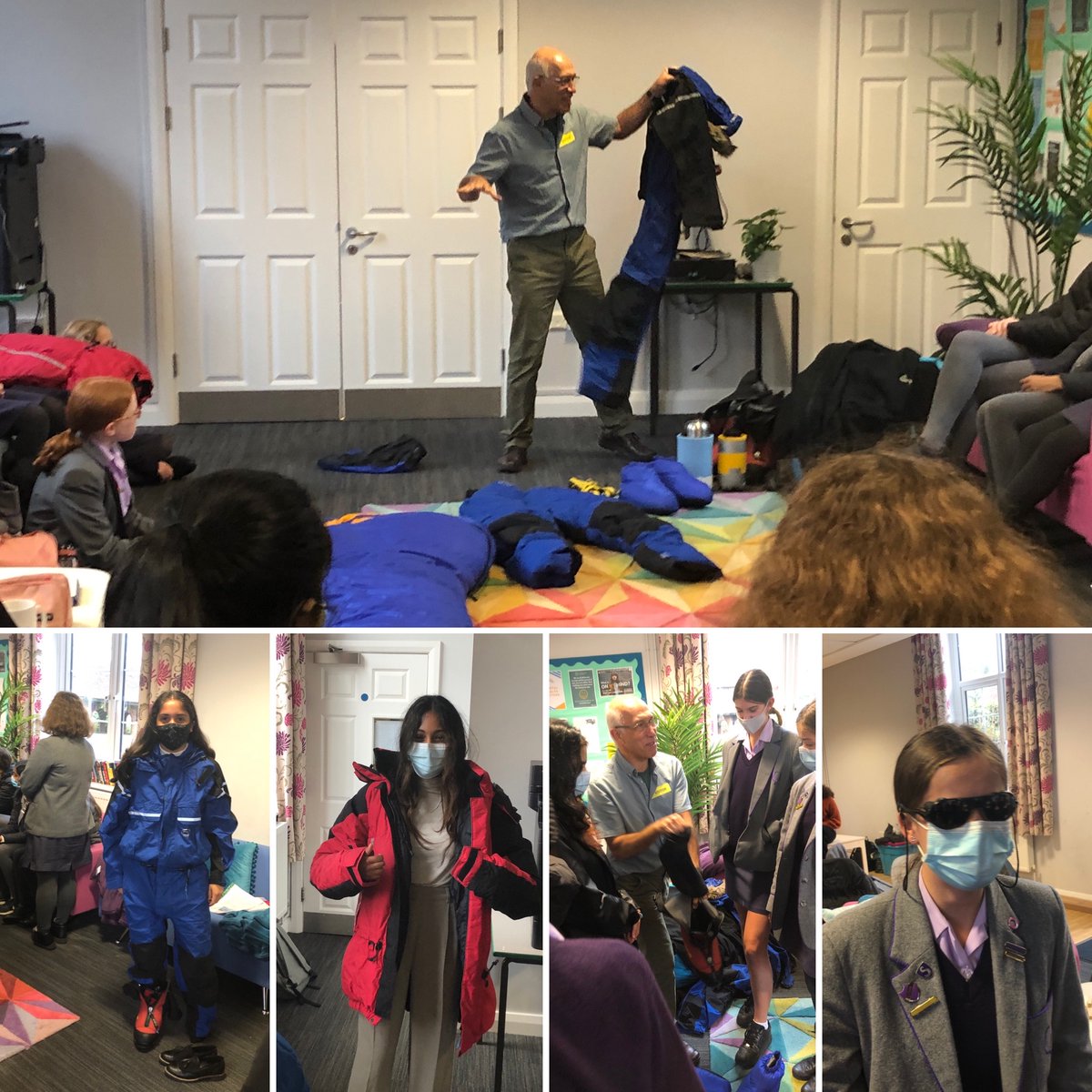 QueenswoodSch's tweet photo. Academic Scholars enjoyed dressing as Antarctic explorers in a seminar with former Q biology teacher Ian Richardson today. He was part of a scientific expedition to the South Pole in 2006. Scholars are now busy devising their own hypothetical Antarctic experiments... https://t.co/qPjfIPdFAF