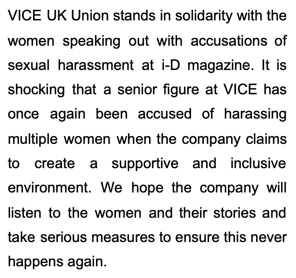 Our statement on allegations of sexual harassment at I-D: