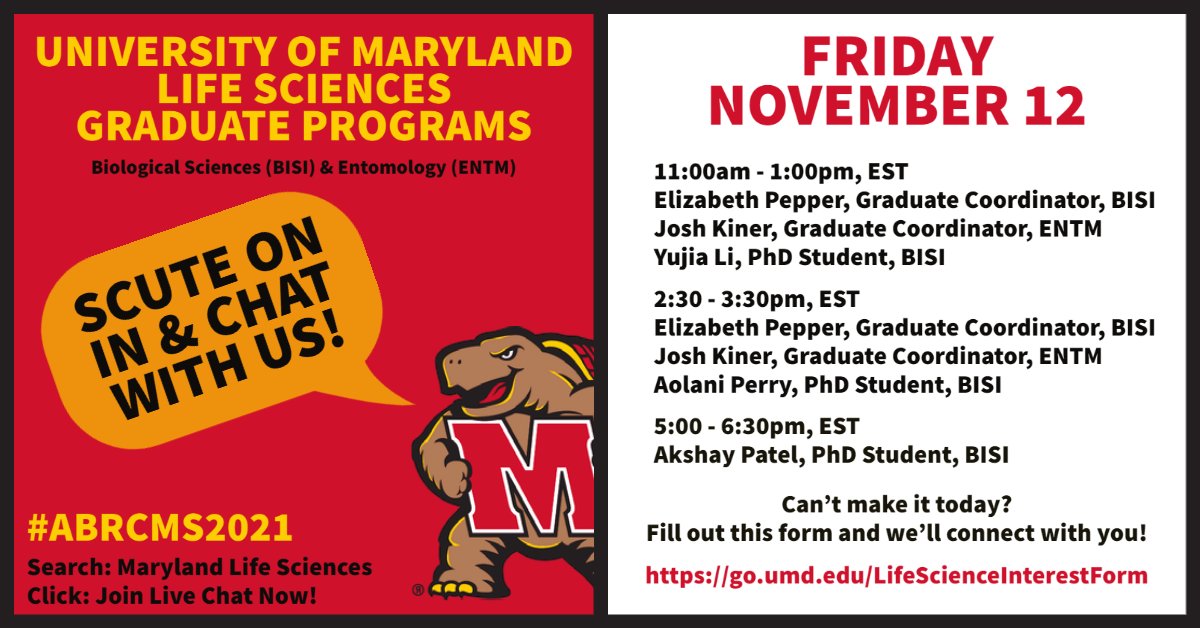 UMD Entomology (@umdentomology) on Twitter photo Last day for <a href="/UMDEntomology/">UMD Entomology</a> & <a href="/BISIumd/">Biological Sciences Grad Program @ UMD</a> at #ABRCMS2021! Drop by at 11, 2:30, & 5 to learn about <a href="/UMDscience/">UMD Science</a>, <a href="/UMDGradSchool/">UMD Grad School</a>, life science grad programs, and more! Join us here: go.umd.edu/UMDLifeScience… Last day for <a href="/UMDEntomology/">UMD Entomology</a> & <a href="/BISIumd/">Biological Sciences Grad Program @ UMD</a> at #ABRCMS2021! Drop by at 11, 2:30, & 5 to learn about <a href="/UMDscience/">UMD Science</a>, <a href="/UMDGradSchool/">UMD Grad School</a>, life science grad programs, and more! Join us here: go.umd.edu/UMDLifeScience…
