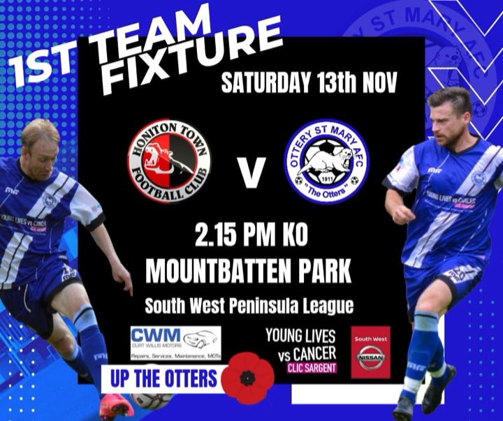 Next up for the 1st Team;

⚽️ <a href="/Honiton_Town_Fc/">Honiton Town Fc</a> 
🏆 <a href="/swpleague/">WALTER C. PARSON PENINSULA LEAGUE</a> East
📅 Saturday 13th November 
🕒 2:15pm KO
📍 EX14 1AW
🎟 £5

🦦💙🤍

<a href="/swsportsnews/">South West Sports News</a>